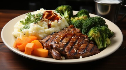 Grilled thin lamb shoulder chops without bone, mashed potato, carrots and broccoli