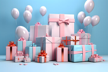 Pile of gift boxes 3D Illustration. Light pink and sky-blue color ballons
