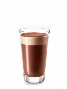 Un vaso de chocolatada fresca y natural sobre un fondo blanco liso y aislado. Vista de frente y de cerca. Copy space. IA Generativa 