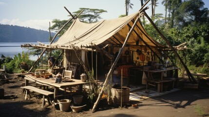 Fototapeta na wymiar Film still, medical center hut made out of bamboos