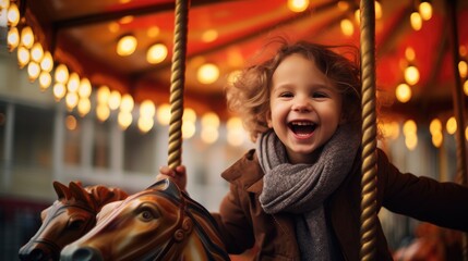 A little funny and smiling child enjoy on carousel. Generative AI