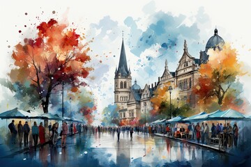Illustration of Oktoberfest with people celebrating, Created using generative AI