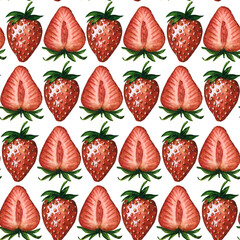Seamless pattern with fresh and juicy strawberries and strawberry halves isolated on white background, hand drawn watercolor illustration. For background, fabric and textile, postcard, packaging.