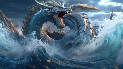magic water dragon roaring beneath the waves, ai tools generated image © whitehoune