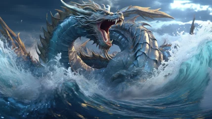 magic water dragon roaring beneath the waves, ai tools generated image © whitehoune