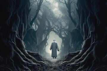 a person in a magic clothes entering a mysterious forest, ai tools generated image