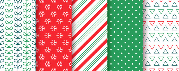 Christmas pattern. Xmas seamless background. New year texture with candy cane stripes, snowflake, polka dot, triangles. Festive red green wrapping paper. Vector illustration. Collection holiday prints