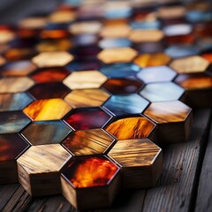 abstract wooden seamless hexagonal mosaic tiles background with hexagons cubes in wooden texture generative ai