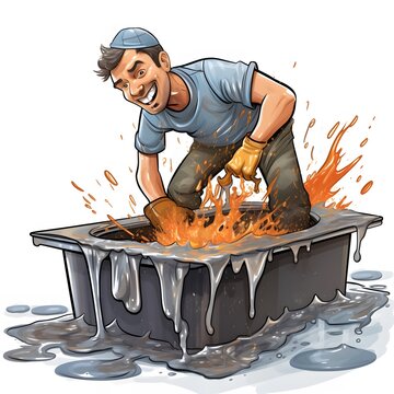 Arbeiter spielt mit Feuer und fl&uuml;ssigem Zink