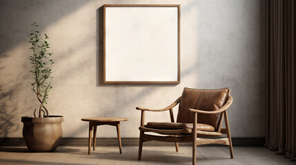 Generative AI, Poster frame mockup in beige and brown living room interior, wabi sabi minimalism style