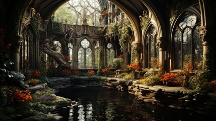 Beautiful gothic garden incircled by the guard wall of an immense manor, intricate details, giant yew tree in the center, in the style of victorian age, midnight scene,