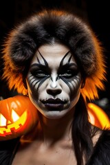 halloween close-up portrait of a werewolf girl in black makeup, on a city street, pumpkin, horror