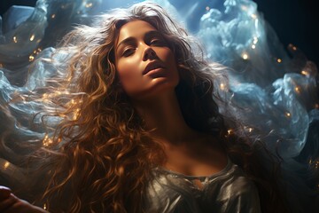 young girl meditating with cosmic waves and global consciousness