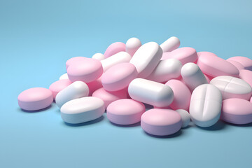 Obraz na płótnie Canvas White, pink and sky-blue color pills 3d illustration background