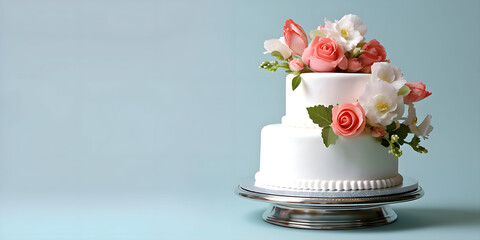 Wedding cake with flowers on light background