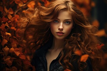 beautiful young woman in an autumn landscape with warm brown winter clothes