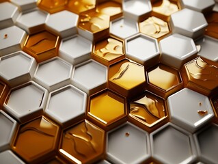3D abstract hexagon background in golden and white colors honeycombs 3D abstract designs generative ai