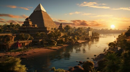 An ariel image of ancient Egypt when it was a vibrant city, the pyramids are white and sharp, the...