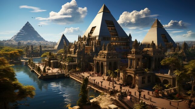 An ariel image of ancient Egypt when it was a vibrant city, the pyramids are white and sharp, the top of the pyramid is made of gold, gold cap, street markets, palm trees, nile river,