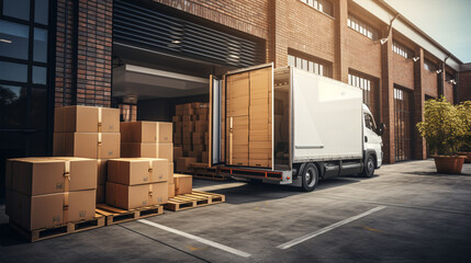 Logistics Warehouse outside with Open Door, Delivery Van with Cardboard Boxes.