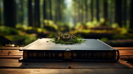 A thick dictionary on a wooden table, with a pure black cover and a forest background, in a cartoon...