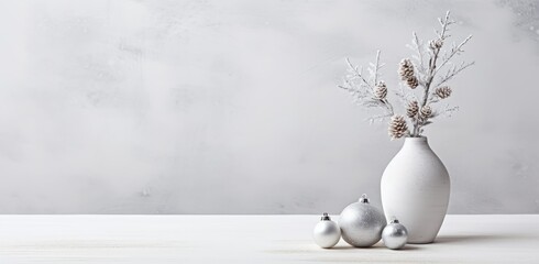 Christmas, New Year home decor. Empty white wall mock up with fir branches in a vase on a white table. created with Generative AI technology