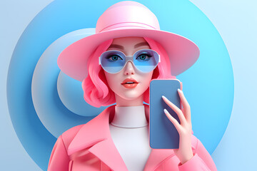 3d illustration of cartoon pretty woman with smartphone, style of light pink and sky-blue colors