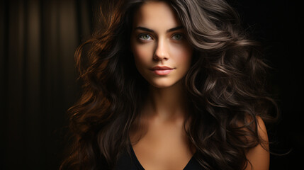 Naklejka premium Portrait of a beautiful brunette woman with long wavy hair. Copy space banner