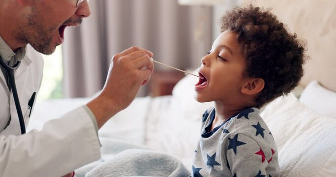 Bed, swab and doctor, sick child and check mouth, tongue or saliva for flu, covid 19 or fever symptoms. Bedroom oral test, kid medical exam and healthcare person analysis in home consultation service