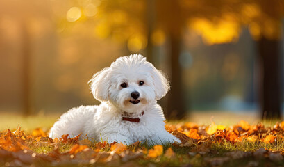 Happy bichon frise dog resting in autumn park - obrazy, fototapety, plakaty