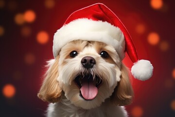 cute dog wearing santa hat on red background, AI Generated