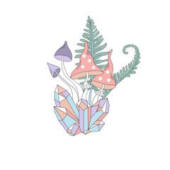 Mushrooms and crystals vector illustration. Groovy boho magic print design. Mystical Halloween witchy vibes clipart.