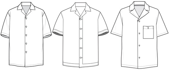 Men's short sleeve hawaiian resort shirt flat sketch illustration, Cuban collar mens aloha shirt for casual wear fashion illustration template mock up