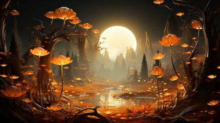 3d swirling foggy autumn morning, orange and yellow leaves, fancy pumpkins, sunrise, delicate shades, pop out 3d effect, glow lighting, intricate detail