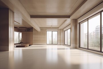 Empty Room Interior, White Walls, Blank Floor, Empty Apartment, Abstract Generative AI Illustration