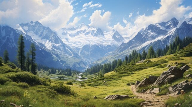 ultrarealistic landscape in the alps with green gras, blue sky and white clouds