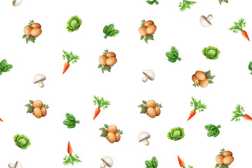 Pattern of vegetables potatoes, carrots, cabbage, champignons, spinach. Vector illustration