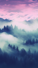 Aesthetic gradient pink and green foggy forest landscape phone hd wallpaper ai generated