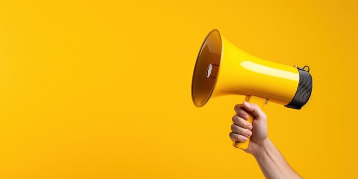 Generative AI, megaphone in hand on a empty yellow background, panoramic image with copy space