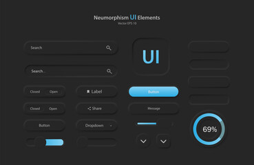 A collection of user interface elements for a mobile application. A set of icons for user interface development in black and blue. Buttons for mobile devices in the style of neumorphism, UI, UX