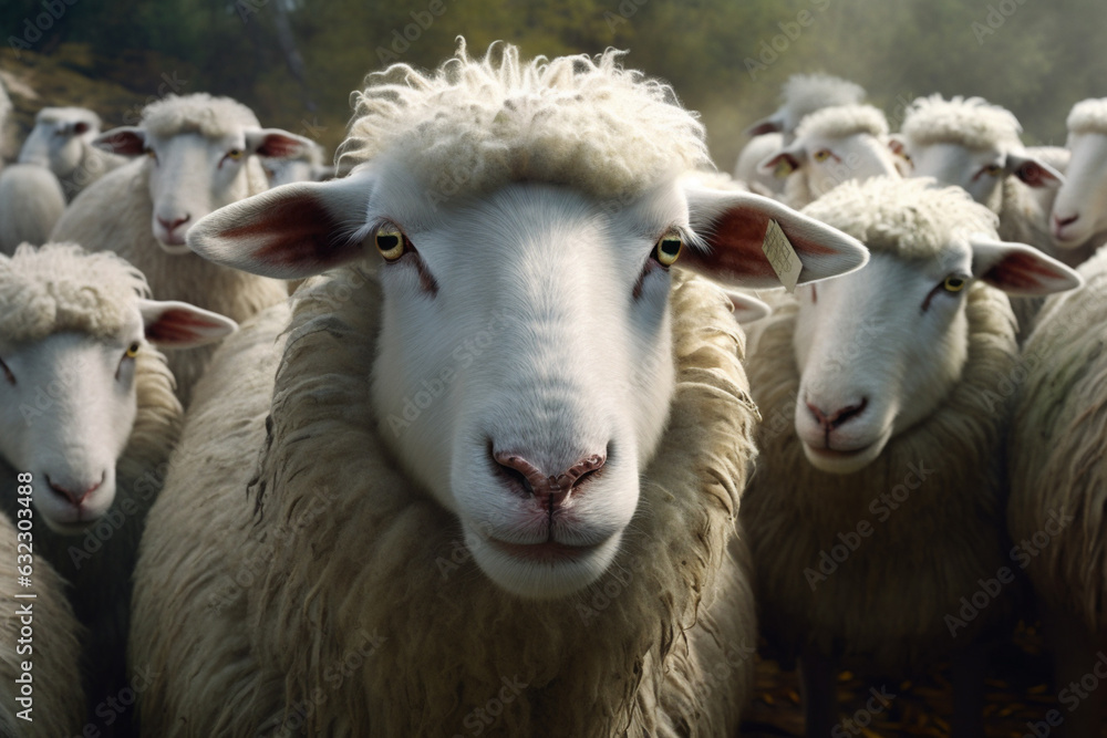 Poster a peaceful image of a flock of sheep, capturing their fluffy white wool and calm demeanor. generativ