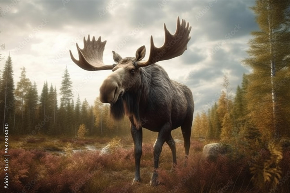 Poster an imposing photograph of a moose, showcasing its massive size and impressive antlers. generative ai