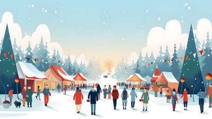 Fotobehang Christmas Fair winter city park flat design illustration © Oksana