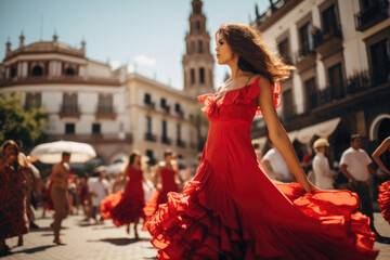 Beautiful flamenco dancer in traditional dance dress. Young woman dancing flamenco on oldtown square. Flamenco is traditional Seville dance in Spain - obrazy, fototapety, plakaty