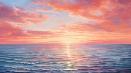 Naklejka na ściany i meble a painting of a sunset over the ocean with a boat in the water. generative ai
