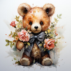 A watercolor Teddy Bear in a bustling city park during autumn, leaves in vibrant shades of red and gold falling all around, children playing and laughing, the bear holding a kite, Generative Ai