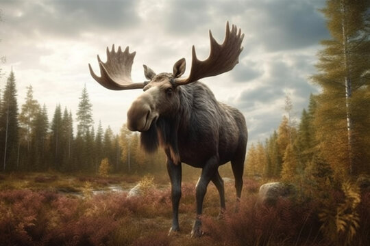 An imposing photograph of a moose, showcasing its massive size and impressive antlers.  Generative AI technology.