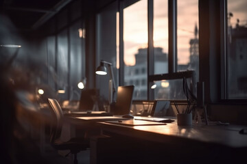 Modern office workspace with supplies. Blurred office workplace in the evening. Generative AI