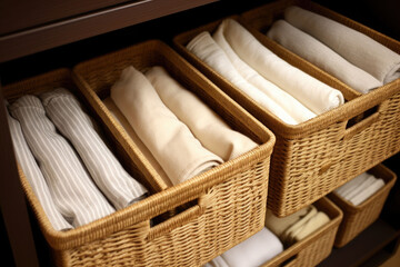 Fototapeta na wymiar Bed linens closet arrangement on shelves. Minimalist comfortable storage. Generative AI
