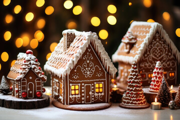 Gingerbread houses in snow with christmas decoration. AI generated